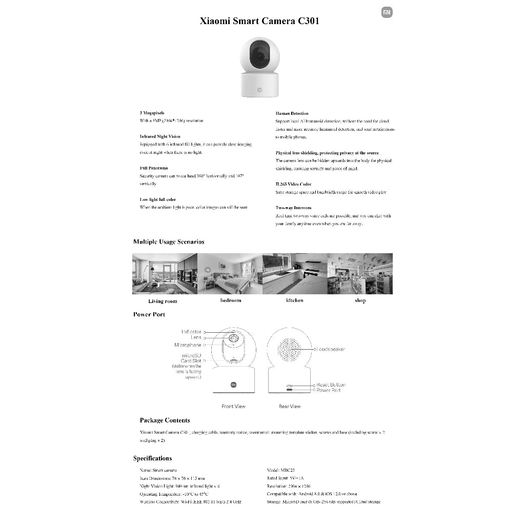 XIAOMI SMART CAMERA C301 กล้องวงจรปิด wifi 3MP